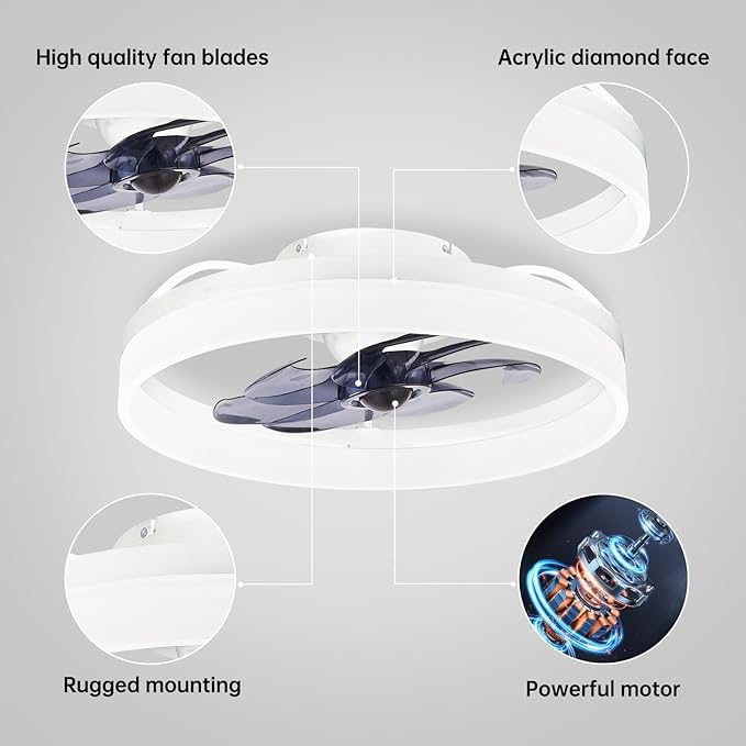 Smart Ceiling Fan with Lights and Alexa Assistant/APP/Remote Control Low Profile Fan with 6 Speeds, 15° Tilt Manal Adjustment, Stepless Color Temperature Change for Home, Office White Kick Boosters