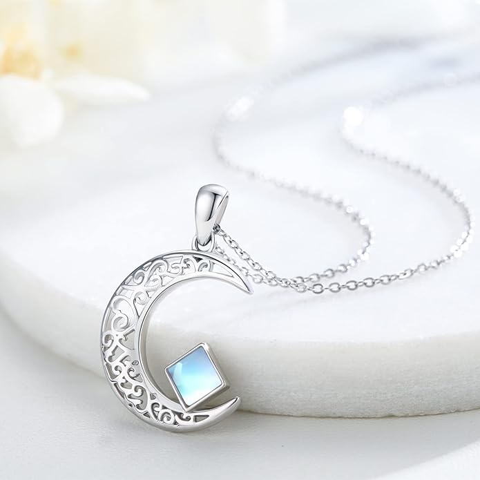 TRISHULA Moon Star Necklace, 925 Sterling Silver Crescent Moon Sun Pendant with Moonstone Crescent Jewelry Gift for Her Sister Birthday Christmas TRISHULA