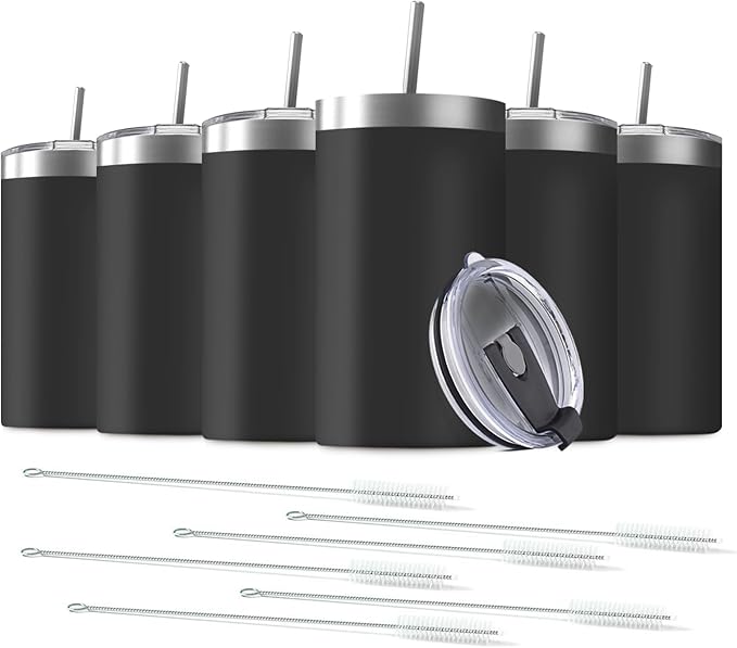 6 Pack 20 Oz Stainless Steel Skinny Tumbler with Splash Proof Lid, Vacuum Insulated Double Wall Thermal Cup, Outdoor Unbreakable Travel Slim Bottle for Hot Cold Drinks