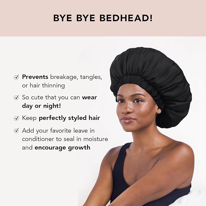 Kitsch XL Satin Bonnet for Sleeping - Softer Than Silk Hair Bonnet For Women - Secure Fit, Adjustable Night Cap For Curly & Textured Hair - Prevents Breakage, Tangles & Thinning - Black Kitsch