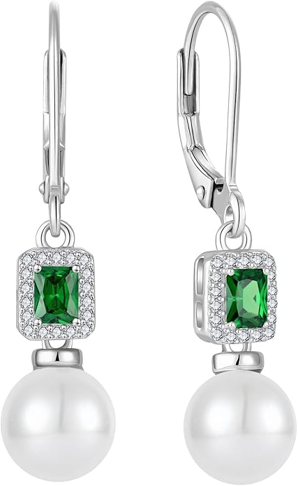 Pearl Drop Earrings Dangling 925 Sterling Silver Emerald Cut Leverback Earrings Birthstone Jewelry for Women INPASNE
