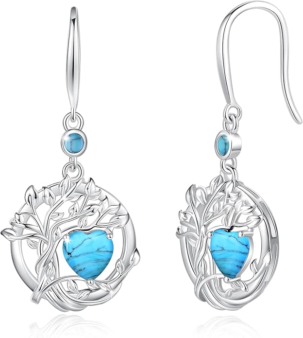 FANCIME Tree of Life Dangle Drop Earrings 925 Sterling Silver Dainty Round Gemstone Birthstone Earring Fine Jewelry Birthday Christmas Gifts for Her Women FANCIME