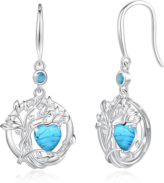 FANCIME Tree of Life Dangle Drop Earrings 925 Sterling Silver Dainty Round Gemstone Birthstone Earring Fine Jewelry Birthday Christmas Gifts for Her Women FANCIME