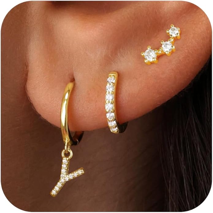 Christmas Gifts for Teen Girls Kids - 3 Pairs Gold Earrings for Women Huggie Hoop Earrings for Girls with Initial Dangle Cartilage Earring Studs Hypoallergenic Earring Set for Multiple Piercing JIAOGE