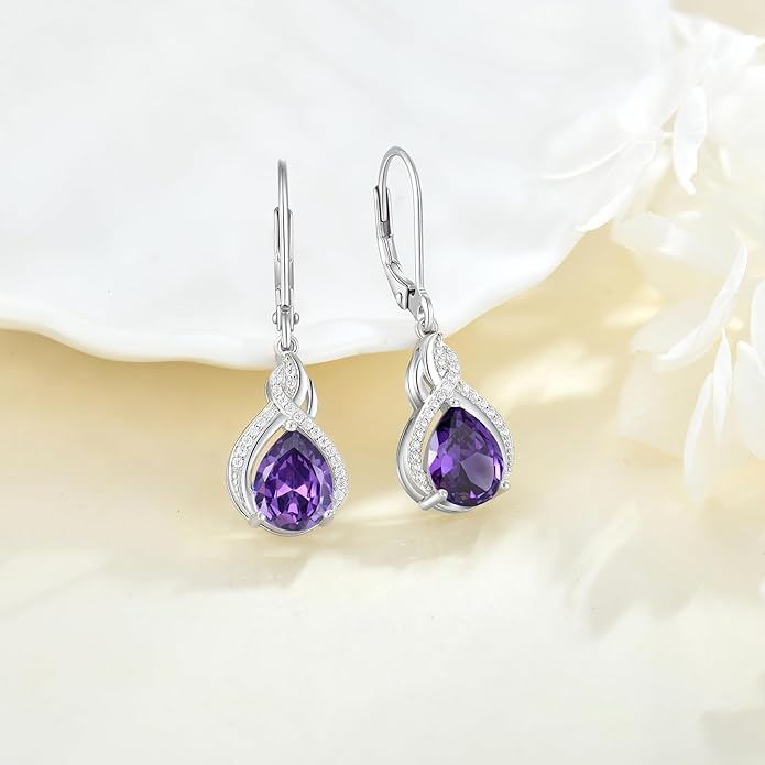Infinity Teardrop Earrings 925 Sterling Silver Dangle Drop Leverback Earrings Pear Shaped Birthstone Jewelry Gifts for Women LWSARY
