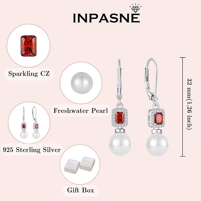 Pearl Drop Earrings Dangling 925 Sterling Silver Emerald Cut Leverback Earrings Birthstone Jewelry for Women INPASNE