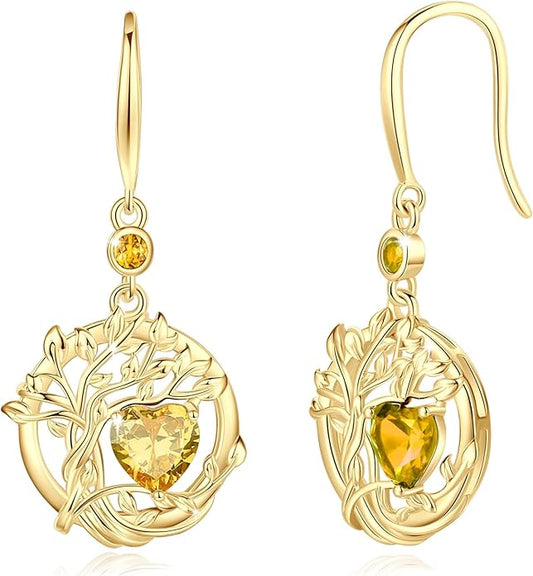 FANCIME Tree of Life Dangle Drop Earrings 925 Sterling Silver Dainty Round Gemstone Birthstone Earring Fine Jewelry Birthday Christmas Gifts for Her Women FANCIME