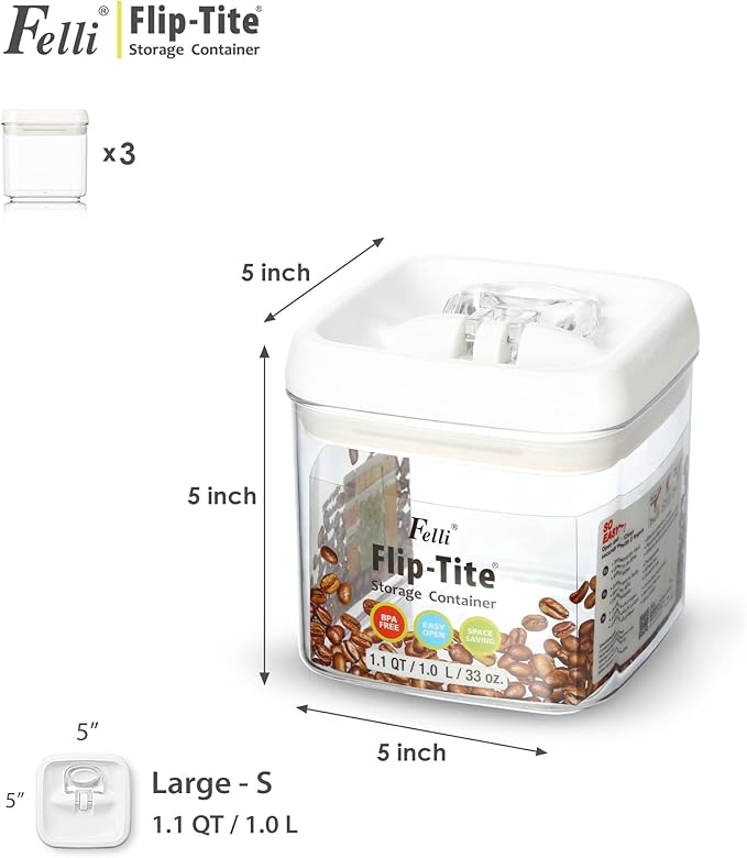 Felli Flip Tite Food Storage Container 5" LARGE Size Airtight Lid Lock Top, Stackable Kitchen Canister for Space Saving, Pantry Fridge Cupboard Organizer, Spice Seasoning Pet Treats Snack (1.1 qt) Felli