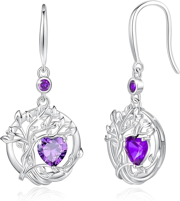FANCIME Tree of Life Dangle Drop Earrings 925 Sterling Silver Dainty Round Gemstone Birthstone Earring Fine Jewelry Birthday Christmas Gifts for Her Women FANCIME