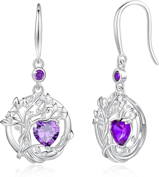FANCIME Tree of Life Dangle Drop Earrings 925 Sterling Silver Dainty Round Gemstone Birthstone Earring Fine Jewelry Birthday Christmas Gifts for Her Women FANCIME