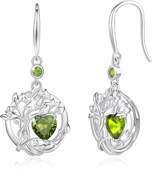 FANCIME Tree of Life Dangle Drop Earrings 925 Sterling Silver Dainty Round Gemstone Birthstone Earring Fine Jewelry Birthday Christmas Gifts for Her Women FANCIME