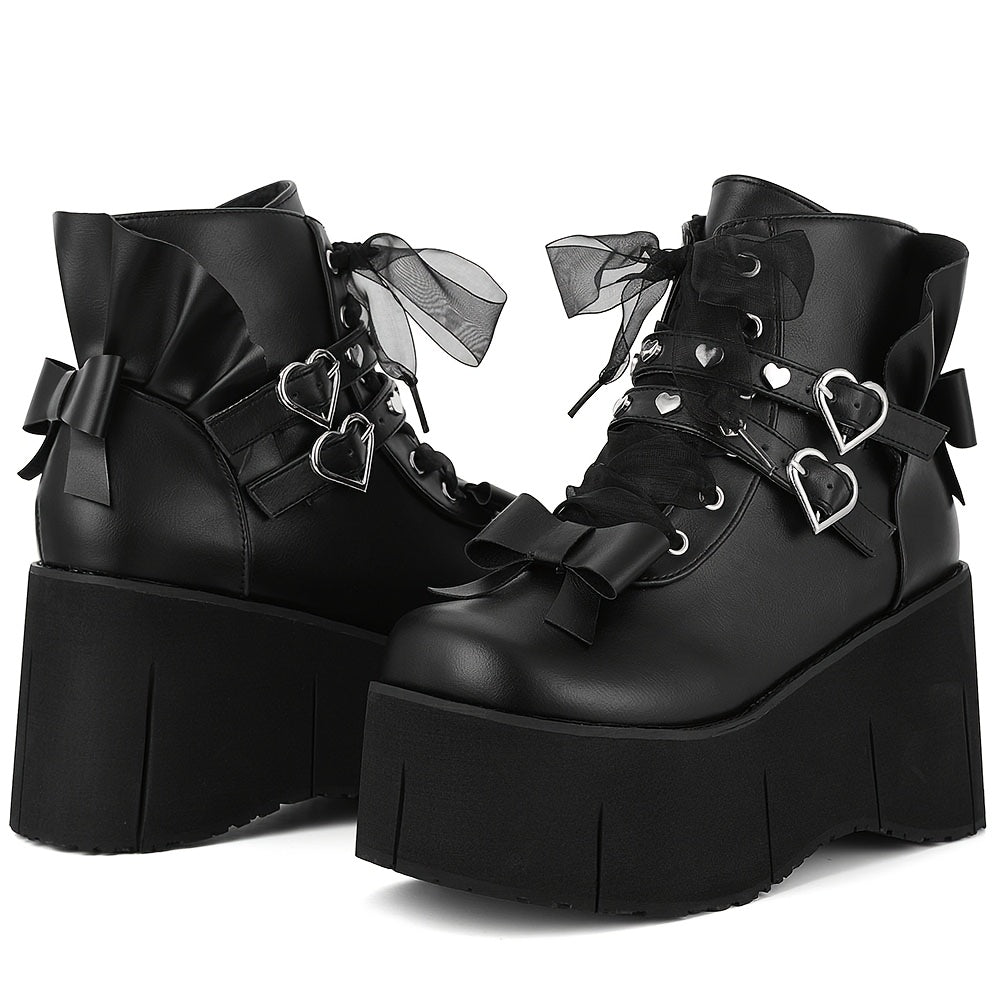 Heart Buckle Bow Platform Boots