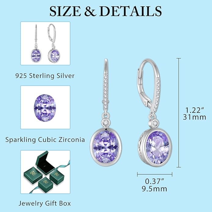 FJ Oval Cut Dangle Drop Earrings 925 Sterling Silver Leverback Earrings Birthstone Jewelry Gifts for Women FJ