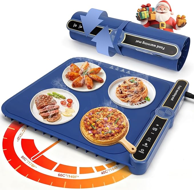 Warming Mat for Food -Food Warmers for Parties Buffet, Electric Warming Tray Full Surface Even Heating with 9-Level Temp Adjustable & 6H Auto Timer, Roll-Up Silicone Heating Pad for Home Travel (Blue) Sweetone
