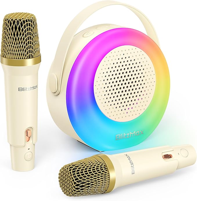Karaoke Machine for Kids，Mini Portable Bluetooth Speaker with 2 Wireless Microphones,Karaoke Toys Gifts with Interactive Lights and Sound for Girls Boys Adults Home Party Birthday-Beige BlitzMax