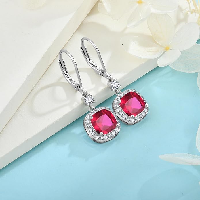 Women Leverback Earrings 925 Sterling Silver Princess Cut Halo Earrings Birthstone Dangle Drop Earrings for Women Her Mom Wife INPASNE