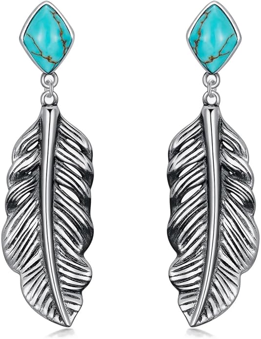 Genuine Turquoise Leaf Earrings, Sterling Silver Dangle Drop Vintage Boho Feather Earrings Birthday Gift for Women DOLIOX