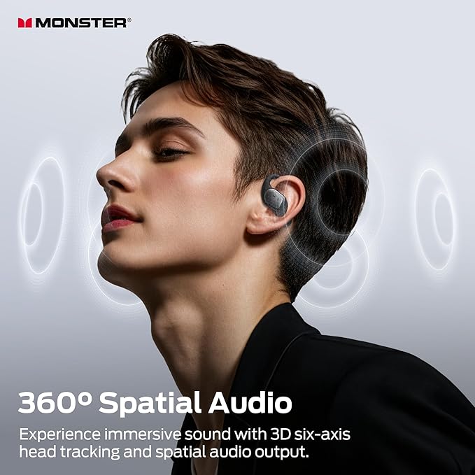 Monster Open Ear AC326 Headphones, Bluetooth 6.0 Wireless Earbuds with Dual-Mic Clear Calls, Air Conduction Headphones with Ear Hooks, Spatial Audio, Snug Fit, 35H Playtime, IPX5 for Sports, Black Monster