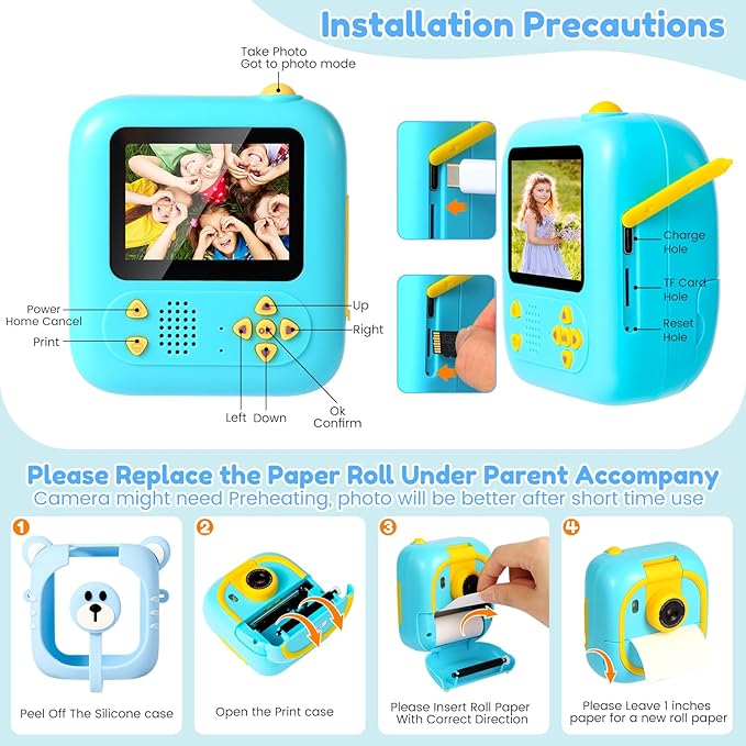 Kids Camera Instant Print, 7 Print Paper (4 Color: O/R/G/B+3 B&W), 2.4" Screen Instant Camera for Kids Ages 3-12,1080P, 180°Flip Lens,32GB Card- Christmas Birthday Present for Boys & Girls,M2 ARNSSIEN