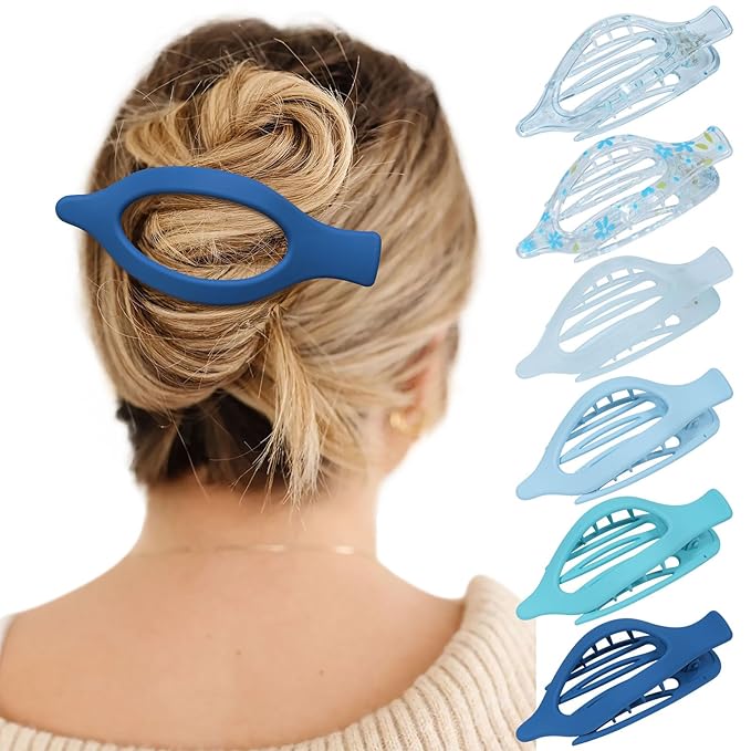 French Flat Hair Clips for Women - 6Pcs Flat Hair Claws for Thin Thick Hair Strong Hold No Slip Grip Hair Claw Clips for Women Girls (Flower (Blue)) AWAYTR