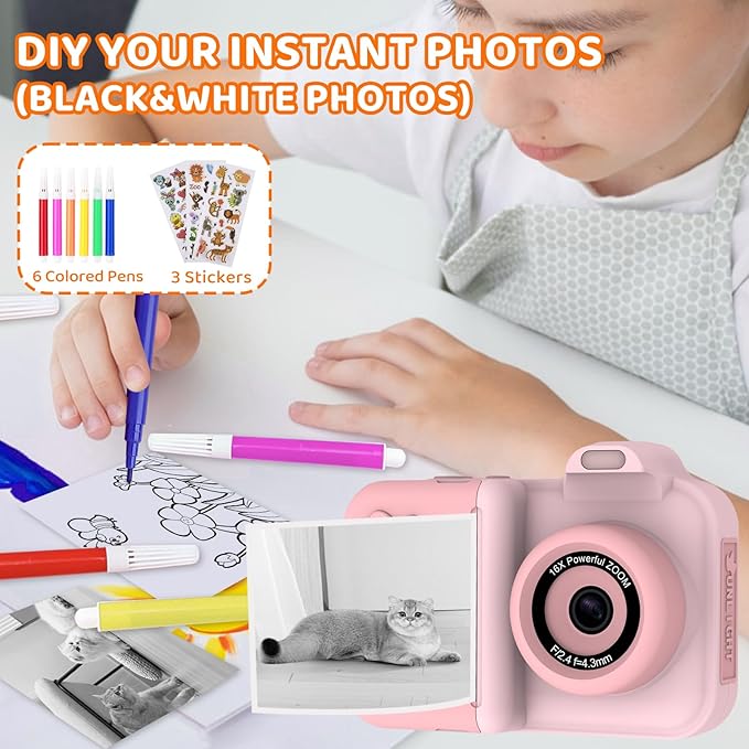 Kids Camera Instant Print, 1080P HD Dual-Lens Selfie,Toddler Digital Camera with 5 Rolls Paper & 32GB Card, Children Christmas Birthday Gifts Toys for Age 3 4 5 6 7 8 9 10 11 12 Years Old Girls Boys xuweicn