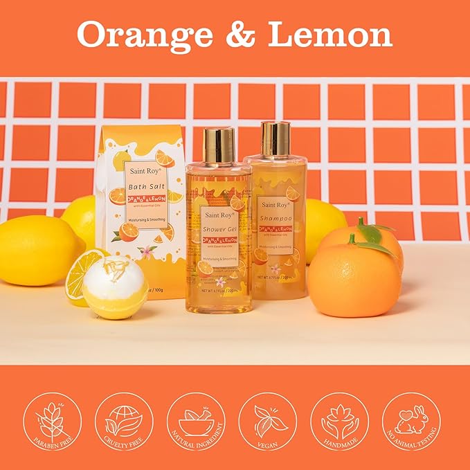 Orange Scents spa gift set Great Gift Lemon Spa Gifts for girls, Body care Set Birthday Gifts, Gift Baskets for Woman, 11pcs Bath Gift Set for Women, Christmas Gifts for Women Citrus Spa Gift Basket SaintRoy