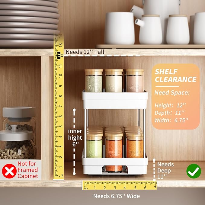 Pull Out Spice Rack Organizer for Cabinet, 2 Pack Widen Slide Out Spice Racks Organizer, Spice Cabinet Organizers, Cabinet Size Need:12'' Highx11'' Deepx6.75'' Wide,Hold 15 Spice Jar Each Tier-2Tier DABIGE