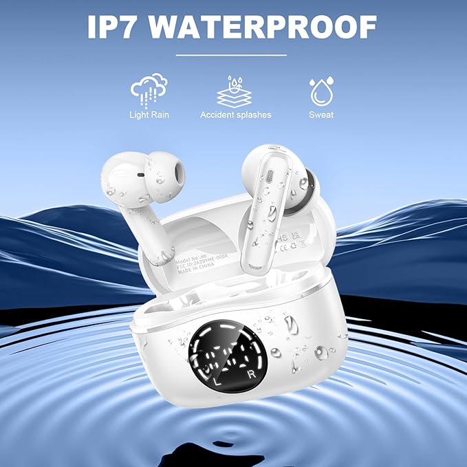 Wireless Earbuds, 2025 Bluetooth Headphones V5.4 Ear buds Built-in ENC Noise Cancelling Mics, 48H Stereo Bass Bluetooth Earbuds with Dual LED Display, IP7 Waterproof Earphones for Android iOS, White chalvh