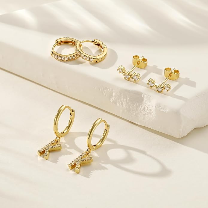 Christmas Gifts for Teen Girls Kids - 3 Pairs Gold Earrings for Women Huggie Hoop Earrings for Girls with Initial Dangle Cartilage Earring Studs Hypoallergenic Earring Set for Multiple Piercing JIAOGE