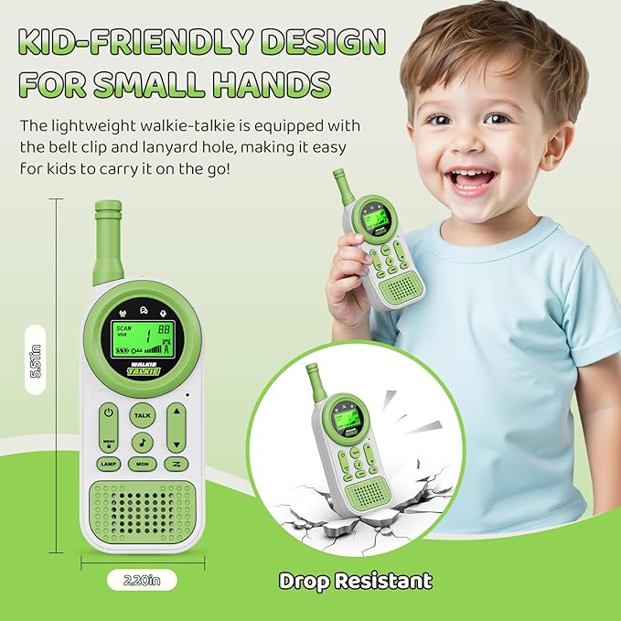 Walkie Talkies for Kids Toys: Toys for 3-12 Year Old Boys Girls - 22 Channels 2 Way Radio Toy with Backlit LCD Flashlight - 3 Miles Range for Outside/Camping/Hiking (2-Pack), Green Ptnerbeh