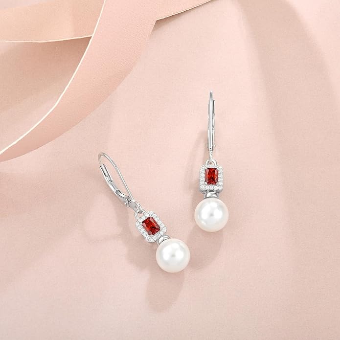 Pearl Drop Earrings Dangling 925 Sterling Silver Emerald Cut Leverback Earrings Birthstone Jewelry for Women INPASNE
