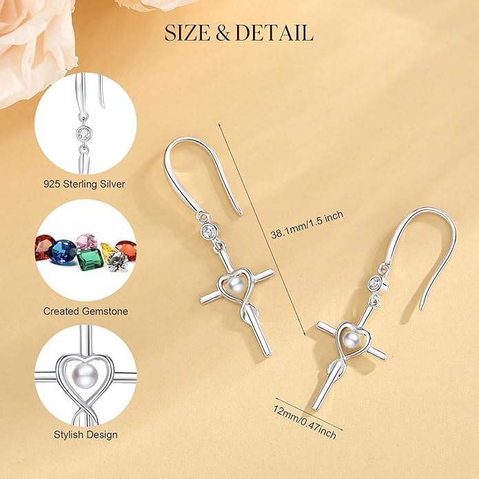 FANCIME Gift for Women Cross Dangle Drop Earrings 925 Sterling Silver Heart Birthstone Earring Fine Jewelry Birthday Gifts for Her Women FANCIME