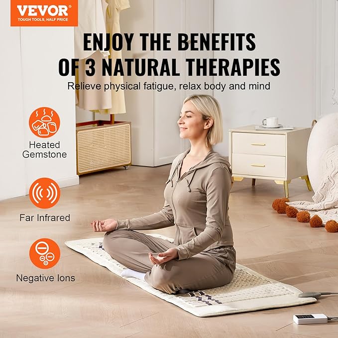 VEVOR Far Infrared Heating Pad, Amethyst Heating Mat with Negative Ions, 103-159℉ Hot Gemstones Therapy Mat with 0-12 Hours Timer for Full Body Pain Relief (72 x 24-inch) VEVOR