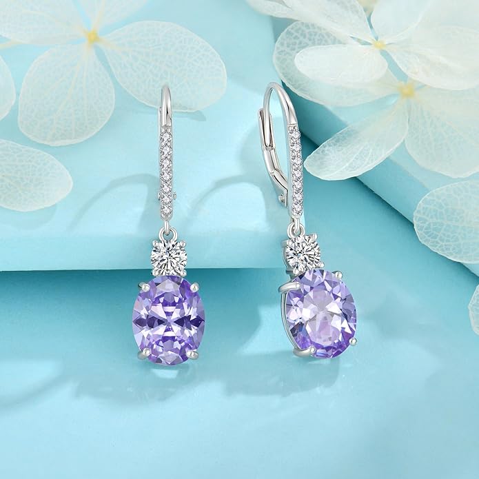 FJ Dangle Drop Earrings 925 Sterling Silver Solitaire Leverback Earrings Birthstone Jewelry for Women FJ