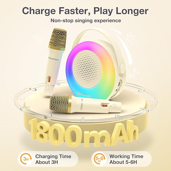 Karaoke Machine for Kids，Mini Portable Bluetooth Speaker with 2 Wireless Microphones,Karaoke Toys Gifts with Interactive Lights and Sound for Girls Boys Adults Home Party Birthday-Beige BlitzMax