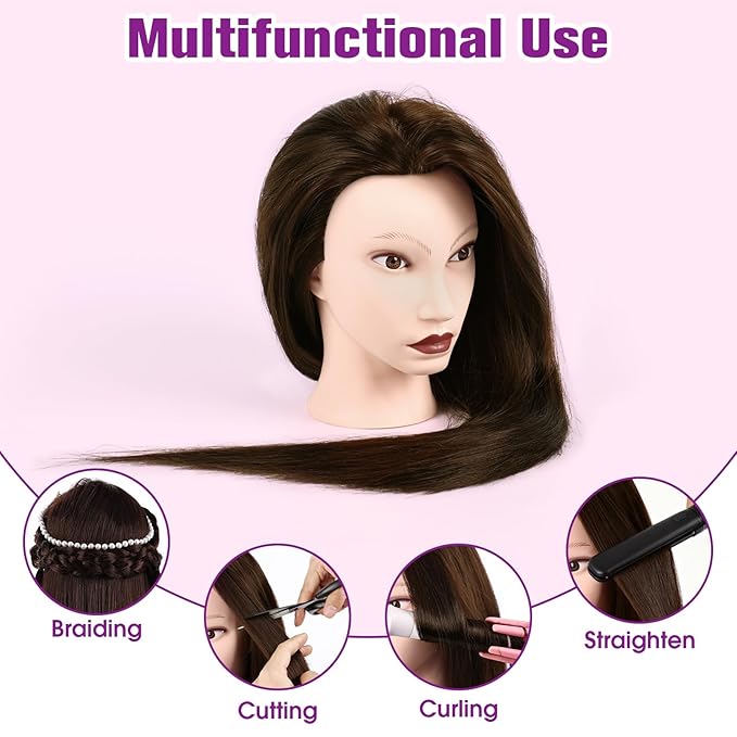 26" Mannequin Head Human Hair, Cosmetology Mannequin Head with 80% Human Hair, Practice Training Doll Head with Clamp Holder and Tools (Dark Brown) MYSWEETY