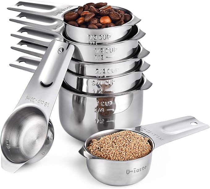 Measuring Cups: U-Taste 18/8 Stainless Steel Measuring Cups Set of 7-Piece: 1/8 Cup, 1/4 Cup, 1/3 Cup, 1/2 Cup, 2/3 Cup, 3/4 Cup, 1 Cup Dry and Liquid Ingredients U-Taste