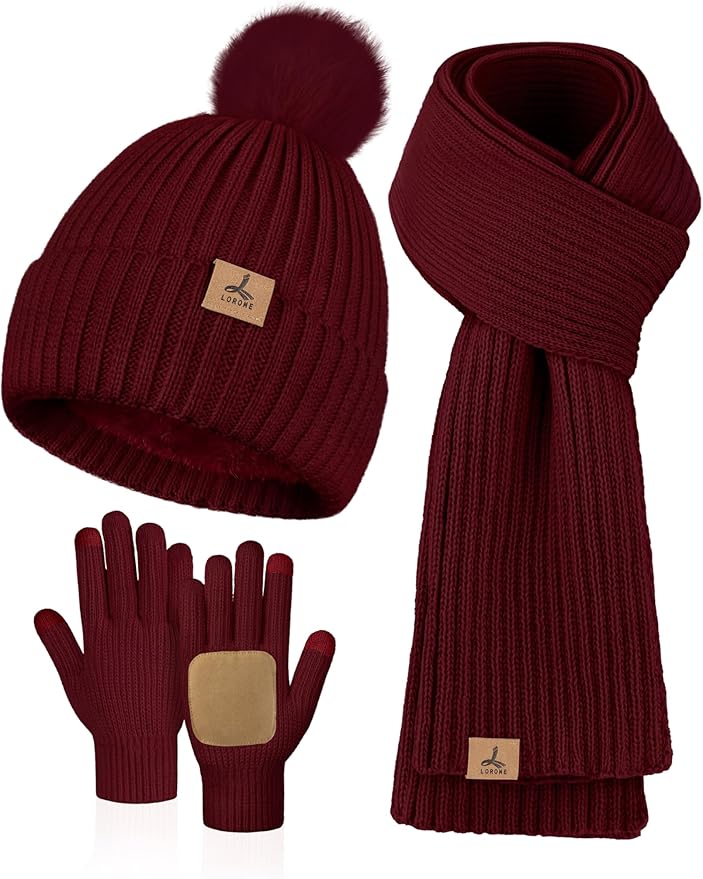LOROME Women Winter Beanie Hat Scarf Gloves Set, Fleece Knitted Pompom Hat Warm Neck Scarf Touchscreen Gloves Winter Gift LOROME