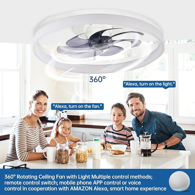 Smart Ceiling Fan with Lights and Alexa Assistant/APP/Remote Control Low Profile Fan with 6 Speeds, 15° Tilt Manal Adjustment, Stepless Color Temperature Change for Home, Office White Kick Boosters