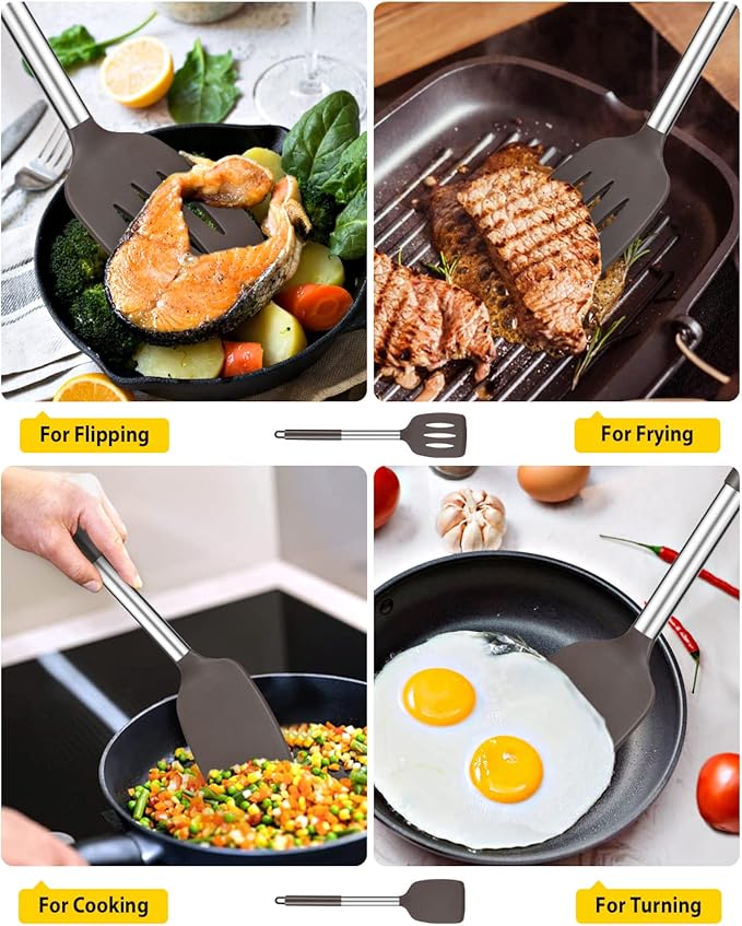 Pack of 2 Silicone Solid Turner, Non Stick Slotted Kitchen Spatulas, High Heat Resistant BPA Free Cooking Utensils, Ideal Cookware for Fish, Eggs, Pancakes(Chocolate) BUNDLEPRO