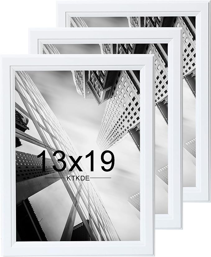 KTKDE 13x19 Picture Frame Set of 3,White Wooded Shatter Resistant Glass, Vertical & Horizontal Wall Hanging for Wall Display,Studio Gallery Photo Frame for Photos, Posters & Art Prints KTKDE