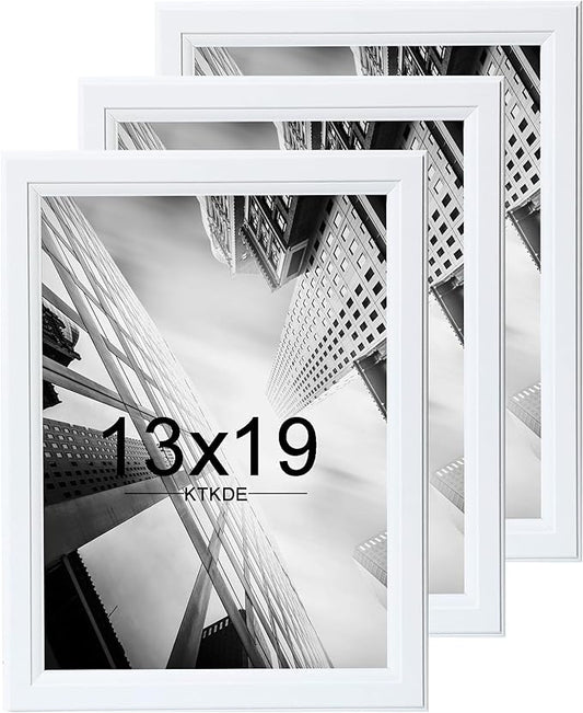 KTKDE 13x19 Picture Frame Set of 3,White Wooded Shatter Resistant Glass, Vertical & Horizontal Wall Hanging for Wall Display,Studio Gallery Photo Frame for Photos, Posters & Art Prints KTKDE
