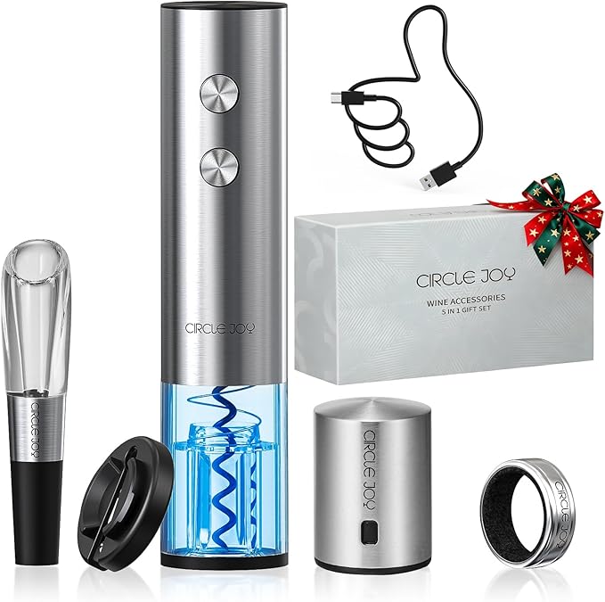 CIRCLE JOY Electric Wine Opener Rechargeable 5-in-1 Stainless Steel Wine Bottle Opener Premium Gift Set with Foil Cutter, Wine Aerator Pourer, Wine Drip Ring & Vacuum Stopper for Wine Lovers CIRCLEJOY