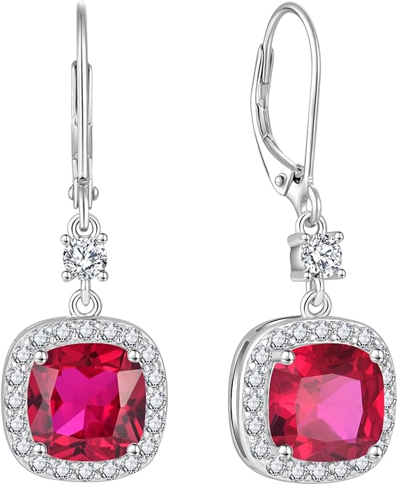 Women Leverback Earrings 925 Sterling Silver Princess Cut Halo Earrings Birthstone Dangle Drop Earrings for Women Her Mom Wife INPASNE