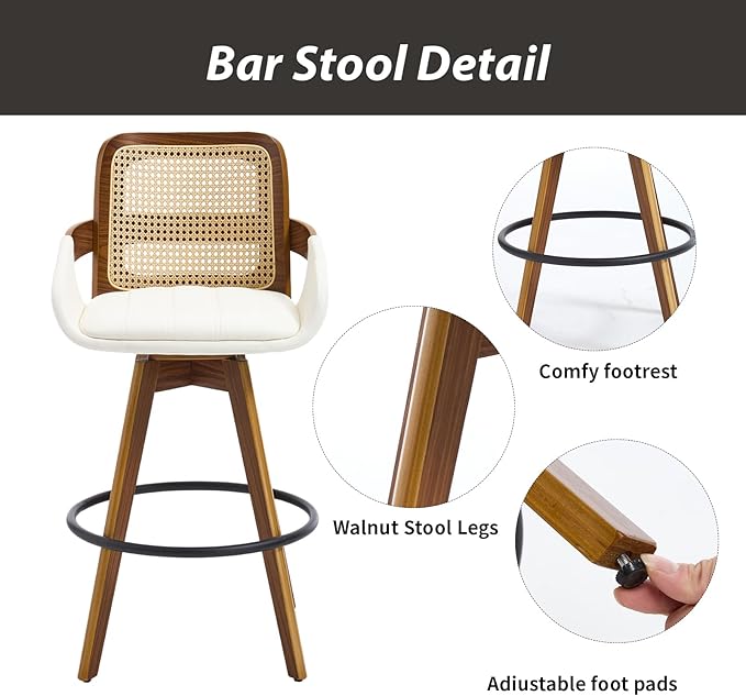 Swivel Bar Stools Set of 2, Faux Leather Counter Height Bar Stools with Arms and Rattan Back, 26" Seat Height Upholstered Bar Chairs with Bentwood Frame for Kitchen Island Bar - Beige VipDesk