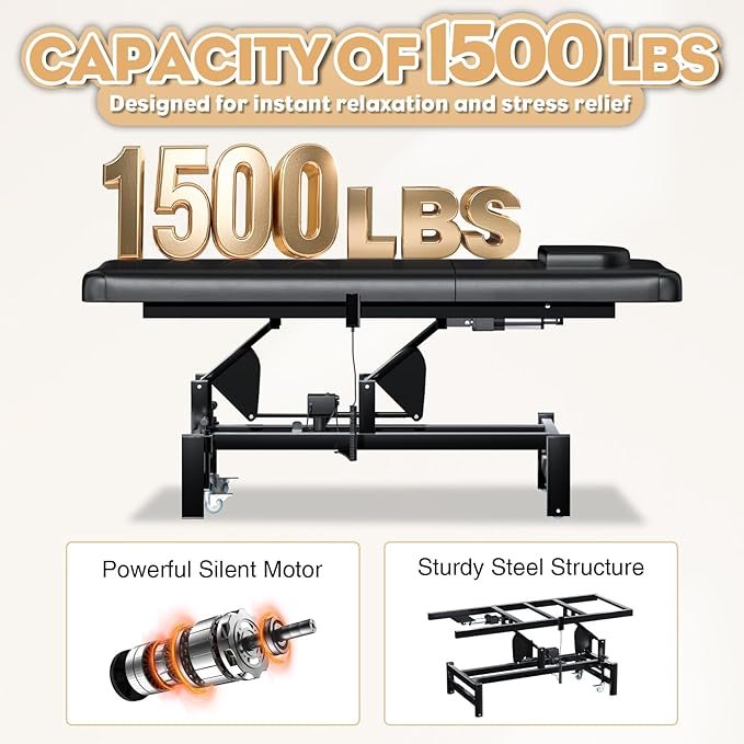 Stationary Massage Table with Memory Foam, Massage TattooTable with Adjustable Height, Facial Bed for Esthetician, PU Leather for Physical Therapy & Spa (Metal/ 2 Molds-Black, 44.7''L x 22''W) Kick Boosters