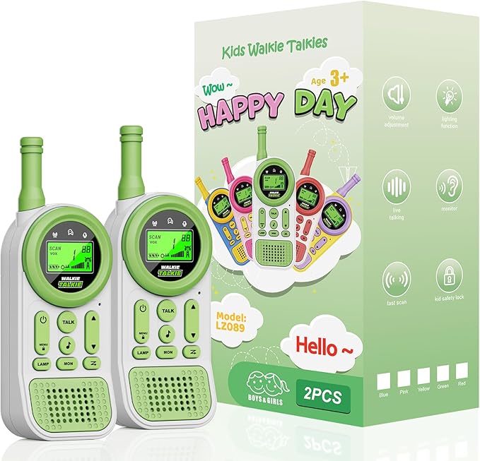Walkie Talkies for Kids Toys: Toys for 3-12 Year Old Boys Girls - 22 Channels 2 Way Radio Toy with Backlit LCD Flashlight - 3 Miles Range for Outside/Camping/Hiking (2-Pack), Green Ptnerbeh