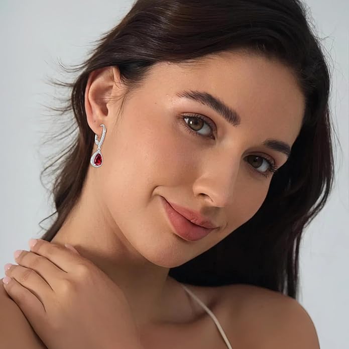 FJ Teardrop Dangle Drop Earrings 925 Sterling Silver Halo Leverback Earrings Birthstone Jewelry Gifts for Women FJ