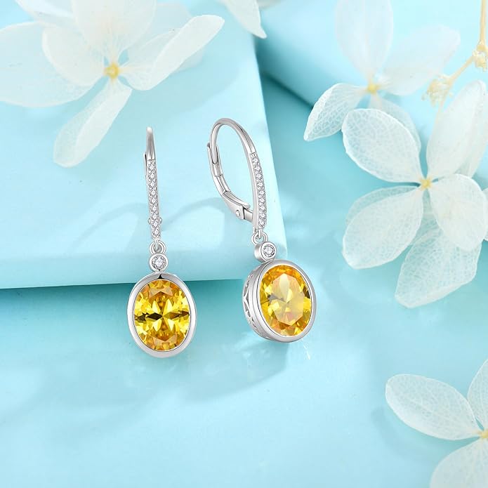 FJ Oval Cut Dangle Drop Earrings 925 Sterling Silver Leverback Earrings Birthstone Jewelry Gifts for Women FJ