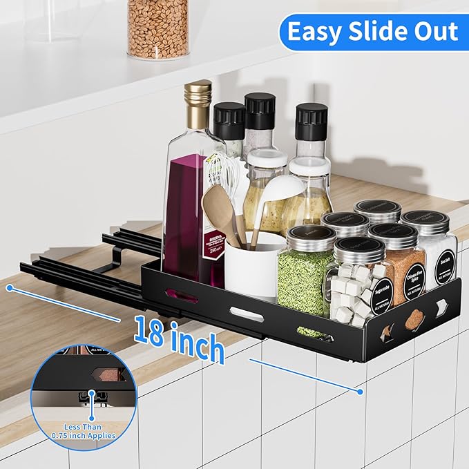 Pull Out Spice Rack Organizer for Cabinet, Heavy Duty-Slide Out Spice Rack, Vertical Spice Rack for Kitchen Cabinet and Pantry (6.3''Wx10.5''Dx2.8''H, Metal Black) BOIVSHI